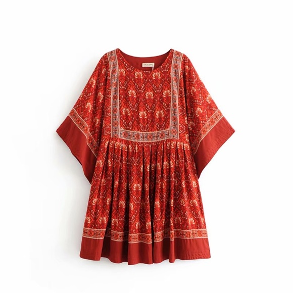 Bohemian Red floral Print Babydoll Mini Dress - Picture 3 of 9